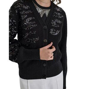 DKNY Women's Animal-Sequin Rib-Knit Button-Up Cardigan Black Size XS MSRP $109